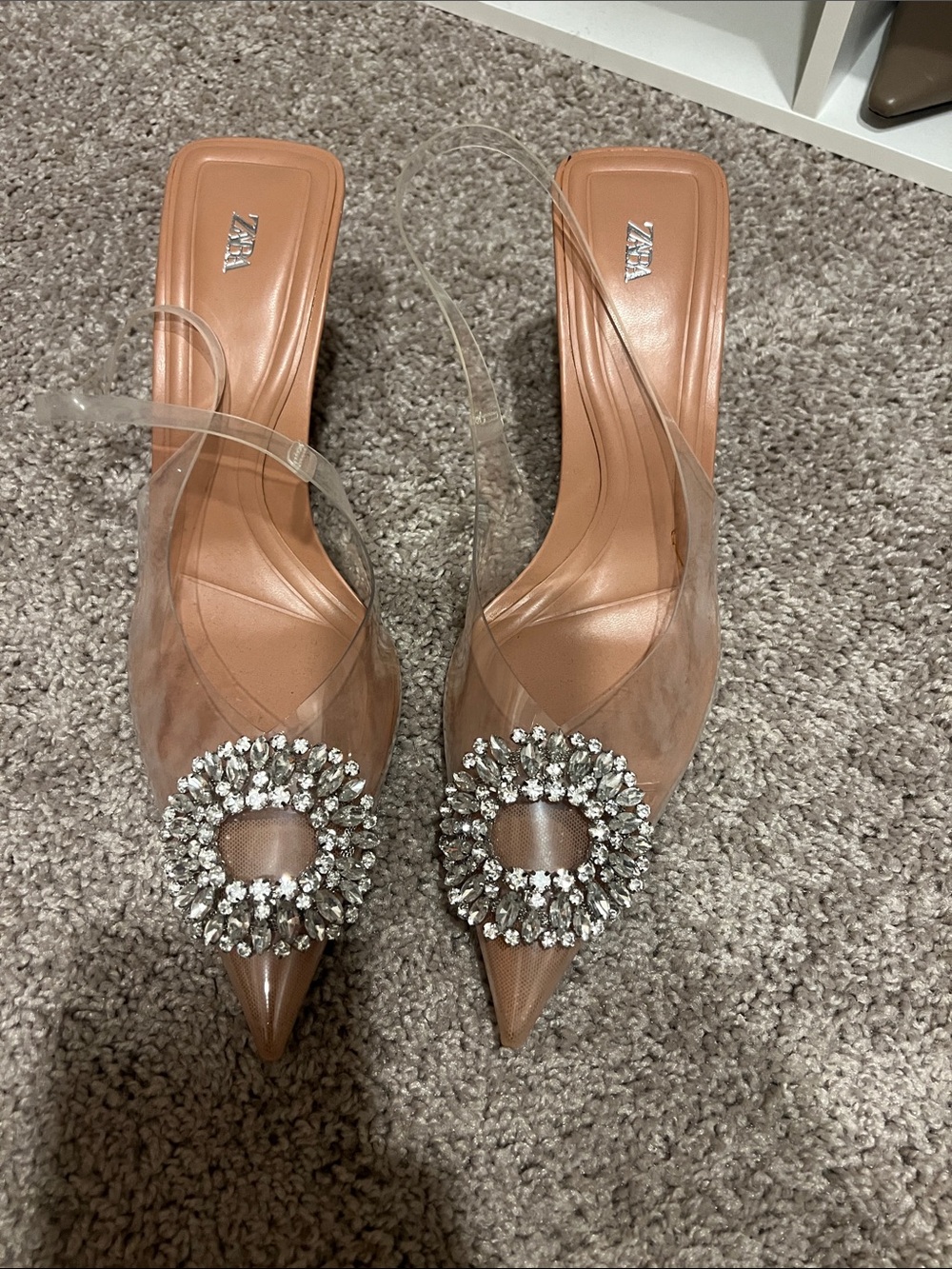 Zara Blush Tan Clear Slingback Heels with Crystal Medallions